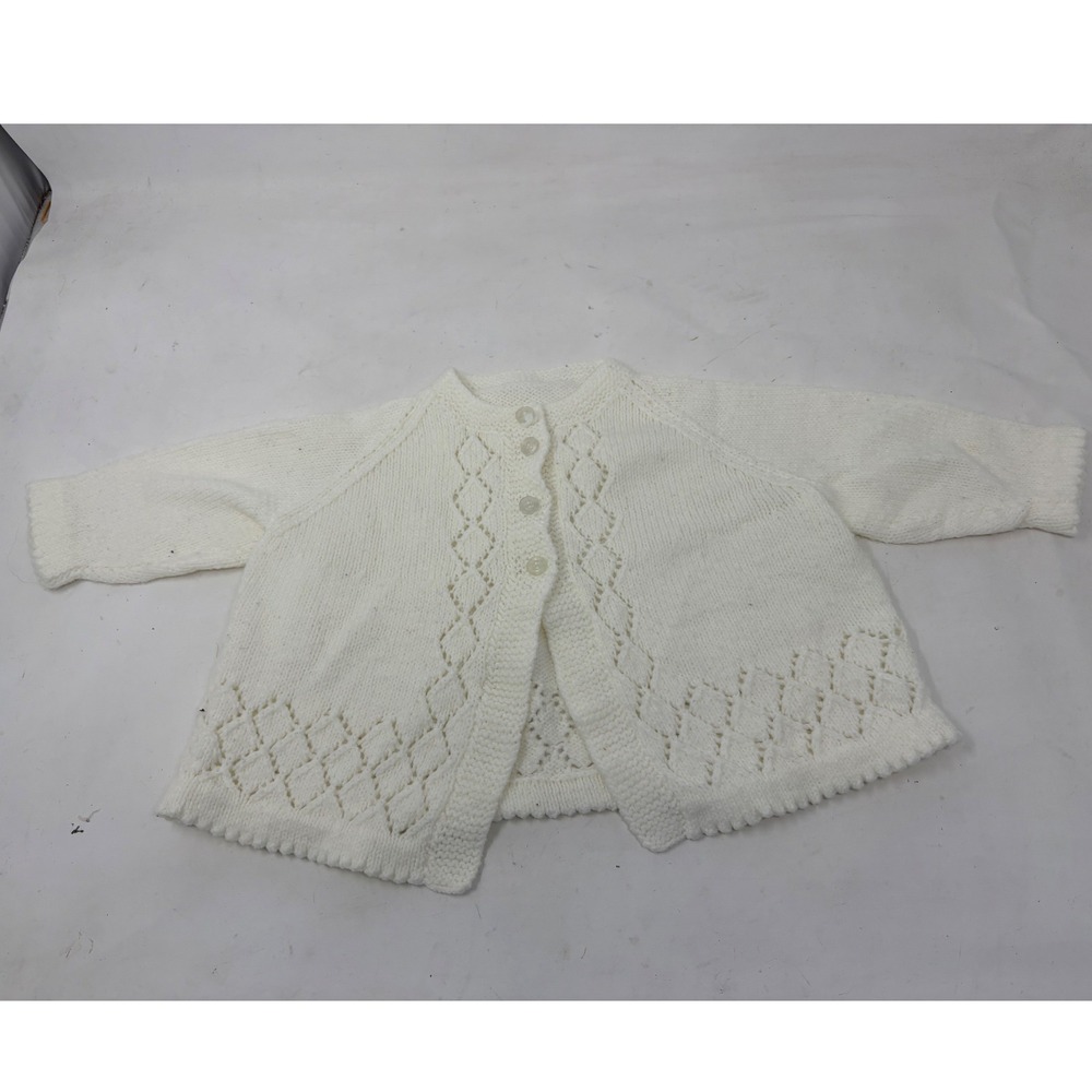 Vintage Handmade White Knit Baby Cardigan Pointelle Diamond Sweater Infant